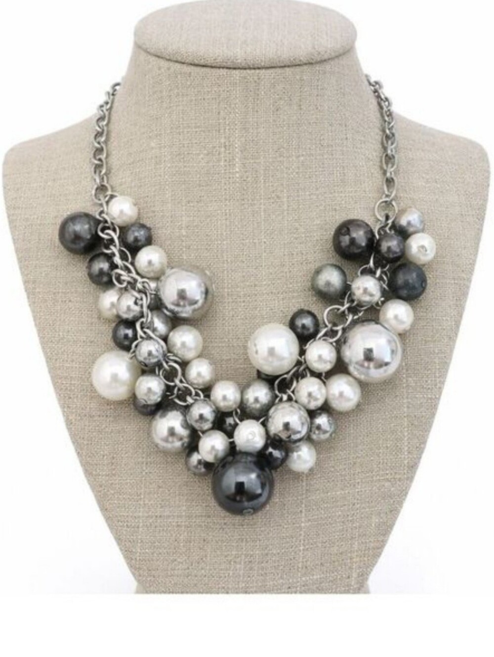 Silver & Pearly Beads Cha-Cha Statement Necklace 8.5" w/ 2" Extender